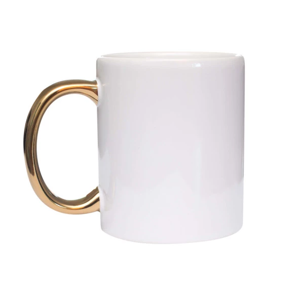Caneca branca com alça dourada